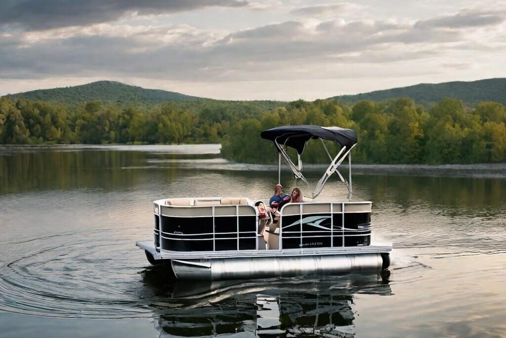 pontoon boat in a calm lake
